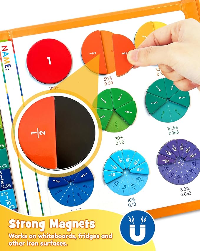 Large Magnetic Fraction Playbook Maths Manipulatives for Kids | Magnetic Fraction Educational Puzzle with Tiles & Circles, Montessori Fraction Learning Toys for Elementary School Children