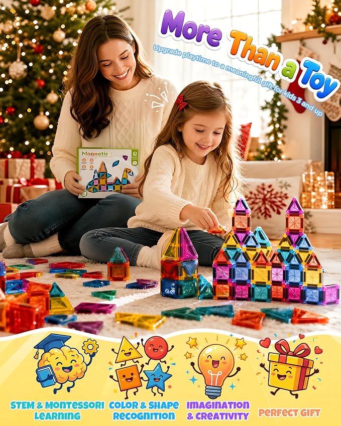 50 Piece Magnetic Tiles for Kids, STEM Toys Building Set, Age 3+ | Mini Magnetic Building Toys, Construction Magnetic Tiles Building Block, Ideal Gift for Boys Girls for Christmas Birthday