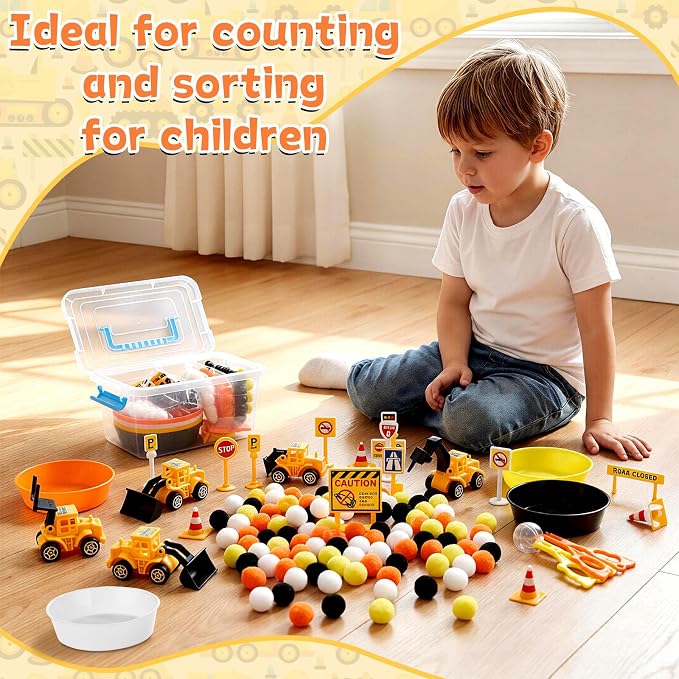 OBUSATT 200 Pcs Construction Sensory Bin Filler Toys with Storage Box - Fine Motor Counting Sorting Set Montessori Traffic Signs Pompoms Vehicles Educational Activities for Kids Toddlers Preschool