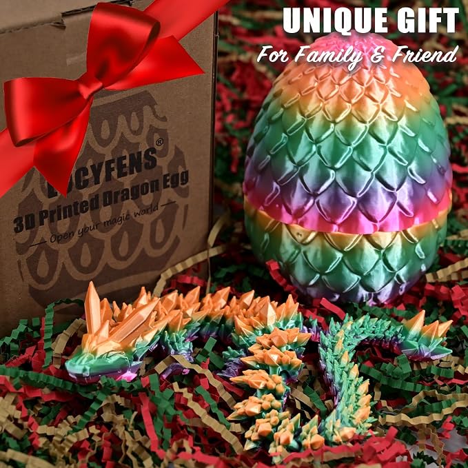 12" 3D Printed Dragon Eggs with Dragon, Articulated 3D Fidget Toys for Kids | Crystal 3D Dragon Toys for Boys Girls, Small 3d Printed Animals, Dino Dinosaur Eggs Toys, Easter Basket Stuffers（Rainbow）