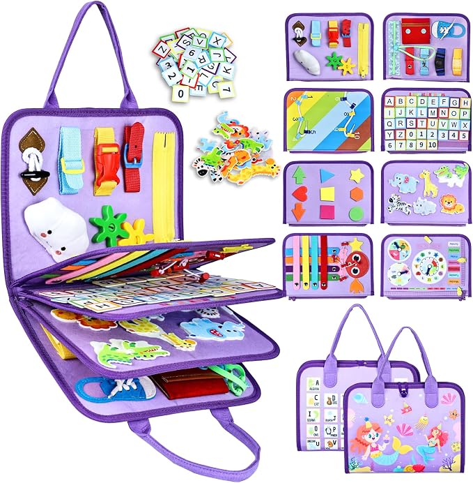 Esjay Busy Board Montessori Toys for Girls, Sensory Book Educational Activities Learning Fine Motor Skills, Birthday Gifts for Girls, Travel Toys for Airplane Car, Purple Multipages