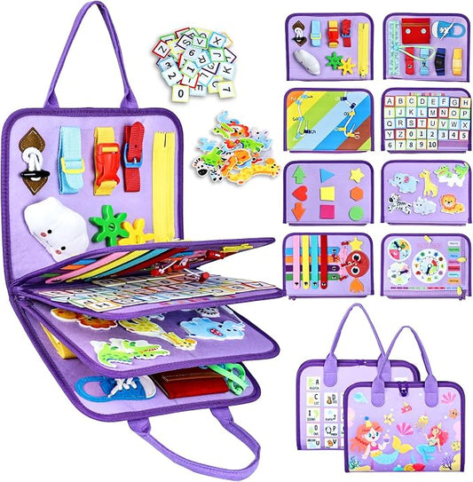 Esjay Busy Board Montessori Toys for Girls, Sensory Book Educational Activities Learning Fine Motor Skills, Birthday Gifts for Girls, Travel Toys for Airplane Car, Purple Multipages