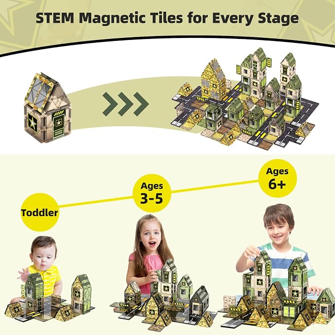 GobiDex 100PCS Army Magnetic Tiles Building Set, STEM Toys for Boys 3+ | Military Magnetic Blocks Building Toys for Kids Ages 4-8, STEM Educational Construction Toys, Birthday Gifts for Boys Girls