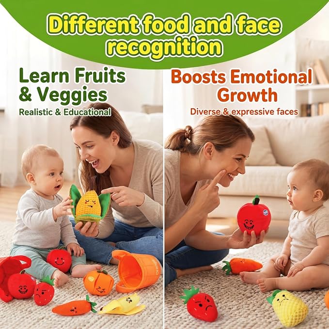 Fruit Vegetable Sensory Toys for Baby 6-12 Months - 16Pcs Plush Sorting Set Perfect for Little Hands to Grasp With Cute Faces, Bright Color Food Crinkle & Rattle, Birthday Gift for 1 Year Old Boy Girl