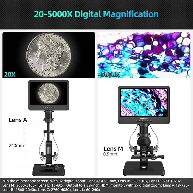 Andonstar AD269S 20X-5000X HDMI Digital Microscope, 5 Lens 2160P UHD Video | 10.1'' LCD IPS Screen, Metal Biological Stand, X-Y Moveable Stage, Endoscope, Home Lab Microscope Kit with Slides, 32GB Card