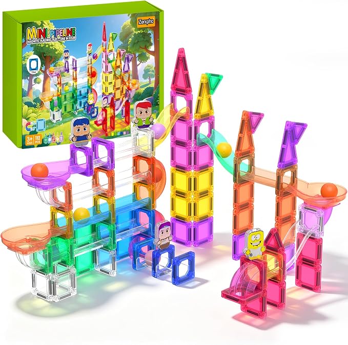 112 Pieces Mini Magnetic Tiles Building Toys for Kids Ages 4-8 Boys Girls | Zerxpho Magnetic Tiles with Rolling Balls and Cartoon Characters Imagination to Create a 3D World, STEM Learning Toys Gift
