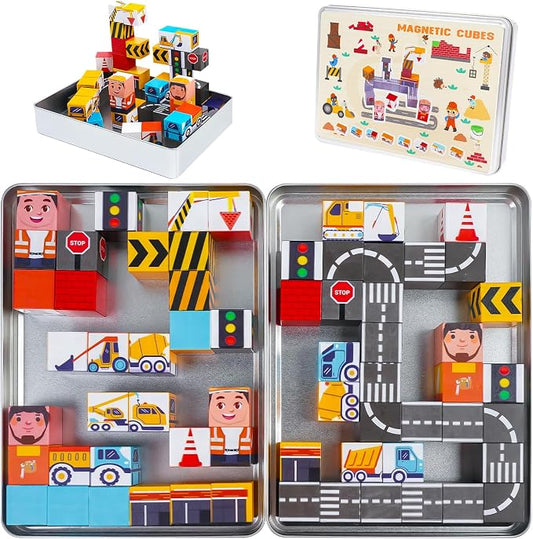 Travel Magnetic Blocks Toy Portable Construction Building Tiles | 40PCS Portable Magnet Building Tiles, Road Trip Activities for Toddlers Kids Ages 3-8, STEM Sensory Toy Birthday Gift for Boy