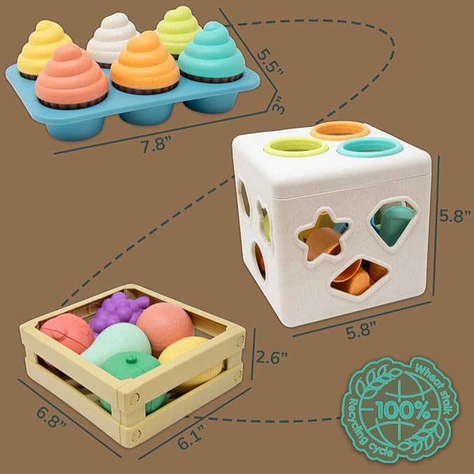 Shape Sorter Color Matching Montessori Toys for Babies & Toddlers, Set of 3 | Baby Shape Sorting Cube, Color Matching Fruit & Cupcake Toy, 18 Months+ Learning Toys, 2025 Model, Eco-Friendly Wheat Straw