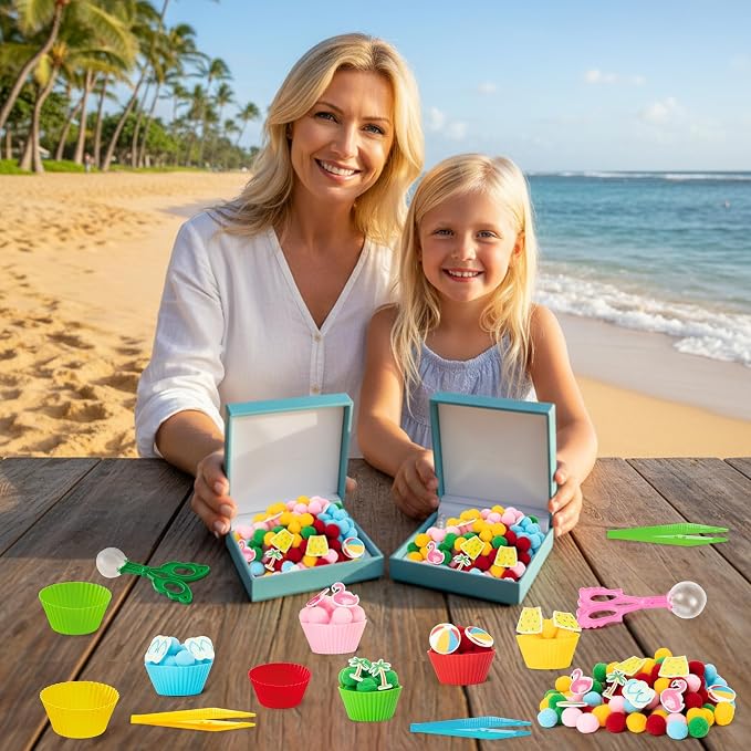 EZdhuawuse Summer Sensory Bin Fillers - 268Pcs Summer Beach Fine Motor Toys Counting Sorting for Kids, Felt Beach Ball Palm Tree Pom Poms Cup Clip for Preschool Education Birthday Gift Party Favors