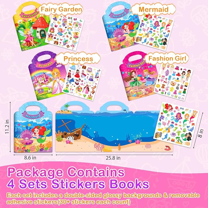 4 Sets Reusable Sticker Books for Toddler 1-3, Dress Up Stickers Book for Girls 2-4, Arts Crafts Jelly Stickers Travel Toys, Holiday Birthday Gifts Easter Basket Stuffers, Mermaid and Fairy Tale