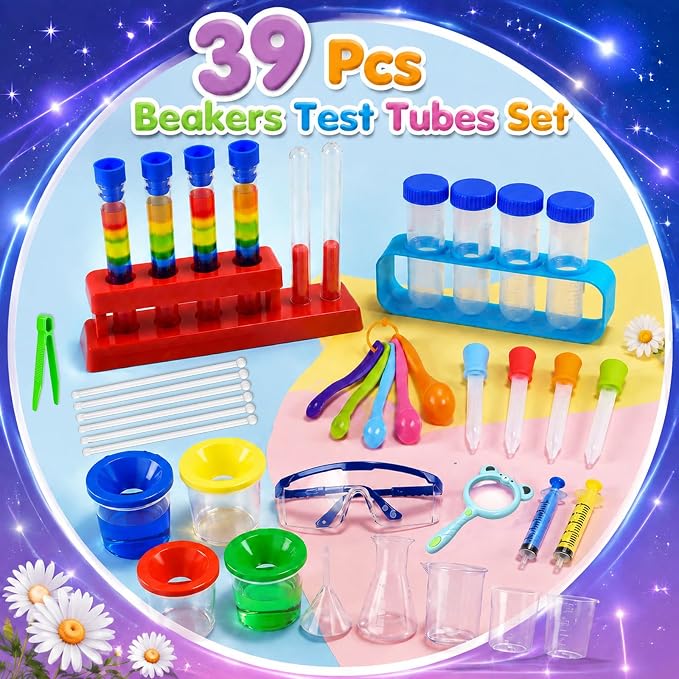 39 Pcs Science Kits for Kids, Chemistry Set Beakers Test Tubes | Plastic Beakers Test Tubes Pipettes Droppers for Kids Ages 3+, Color Science Experiment Toy Christmas Birthday Gift