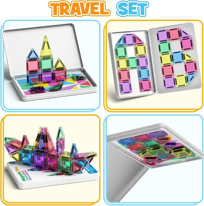 42PCS Mini Magnetic Tiles Travel Set with Iron Storage Box - Portable STEM Building Blocks for Kids 3-8, Montessori Educational Magnet Toys for Airplane, Car Rides & On-The-Go Play | Portable Montessori educational magnetic building tiles for airplane,...