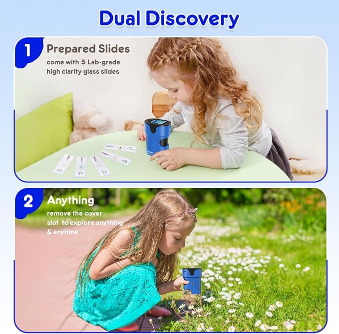 Kids Digital Microscope STEM Toy: Complete Science Gift Kit for Ages 4-12 | 32GB Card for Photos & Video / Custom EVA Case / Real Glass Slides / Upgraded Slide Slot / Rechargeable / 1000X / 4K Screen