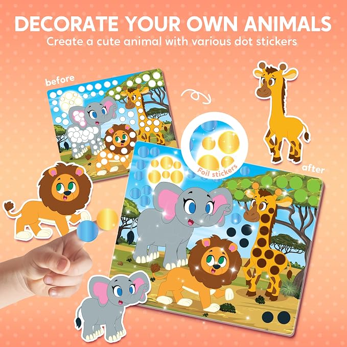 Klever Kits Dot Art Kit for Kids, No Mess Sticker for Kids 3-7, Craft Kits, DIY Creative Activity, Travel Toy, Birthday Gifts for Boys Girls (Animal)