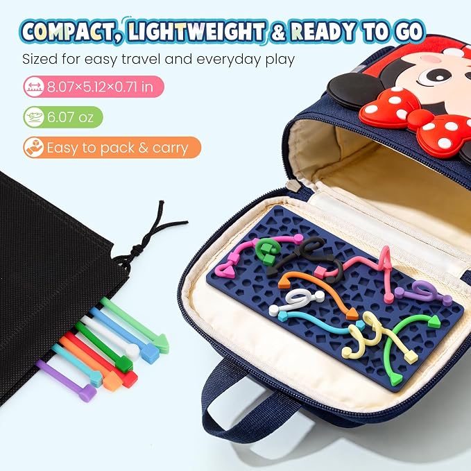 Sensory Activity Board: Ednzion Silicone Fidget Toy for Kids & Adults | Silent, No Mess, Calming for Anxiety, ADHD & Autism | Quiet Montessori Travel Toy with 12 Bendable Strings | Ages 3+