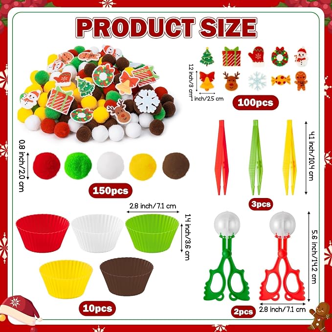 Christmas Sensory Bin Fillers, 266Pcs Fine Motor Toys | Counting Sorting Toys, Christmas Gift for Kids, Preschool Education Activities, Felt Xmas Tree Snowman, Pom Poms Cup Clip