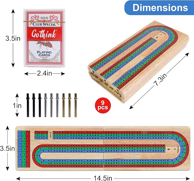 Offelec Upgraded Wooden Folding Cribbage Board Game Set - 3 Track Board with 2 Decks of Cards, 9 Metal Pegs & Storage | Portable Travel Cribbage for Kids, Adults and Family