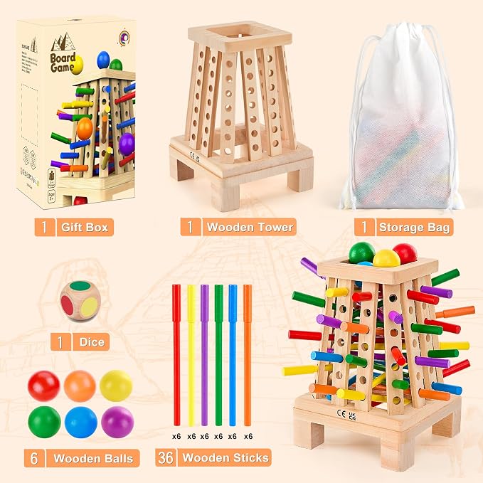 Montessori Board Game for Kids 4-6, Pyramid Wooden Sticks Dice Game | Math Educational, Fine Motor Skills Toy for 3+ Year Olds Girls Boys, Classic Table Game for Family Night