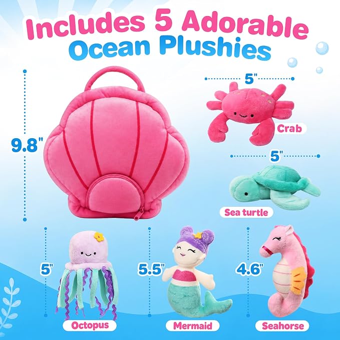 BenBen 5-Pack Ocean Stuffed Animal Set with Shell Carrying Bag | Sea Creature Stuffed Animals for Girls & Toddler, Plush Toys with Turtle, Octopus, Mermaid, Seahorse, Crab, Baby Shower