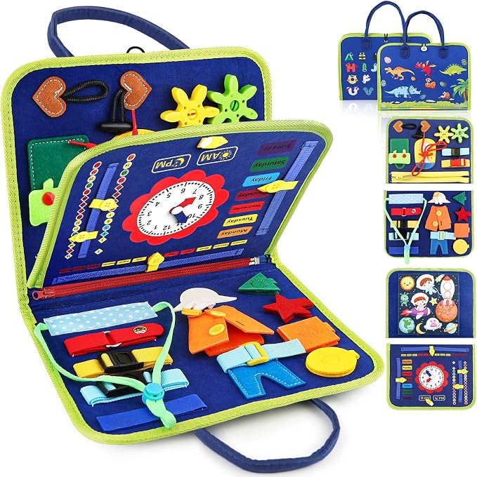 Toddler Busy Board, Montessori Sensory Toys for Boys, 3-8 Year Old Girl Toddler Travel Toys, Educational Learning Activities Board for Motor Skills, Birthday Gifts for Airplane Car, Pink