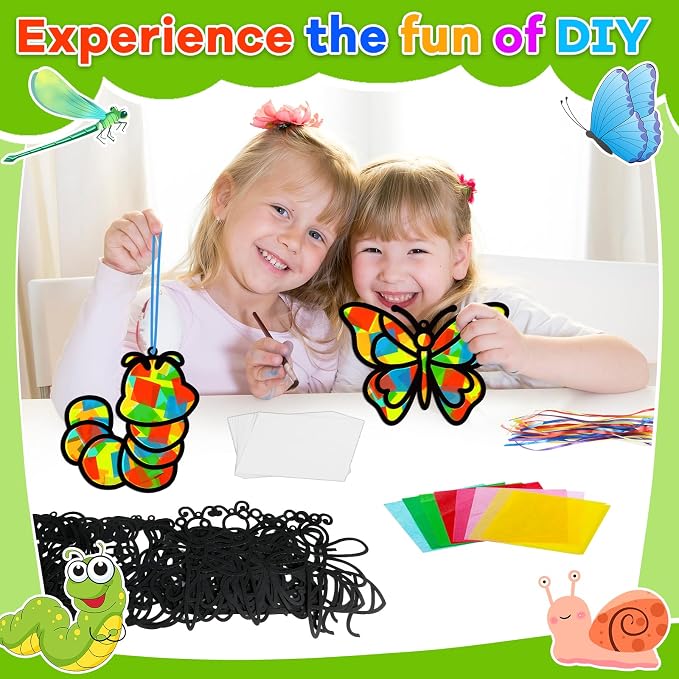 Lonfliness 32 Sets Spring Bug Suncatchers Craft Kit DIY Insect Window Stained Glass Effect Paper Butterfly Bee Home School Classroom Decoration Summer Art Creative Activity Project Gift Favor