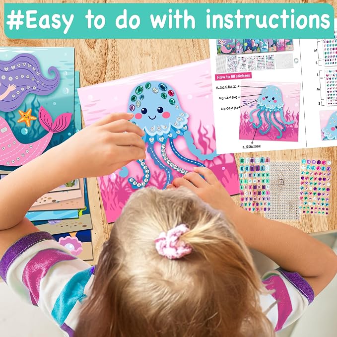 EZCRA Mermaid Gem Sticker Kit for Kids - 800 Stickers, 8 Underwater Themes | Diamond Art Stickers and Gem Craft Set. Mess-Free and DIY Arts and Crafts. Birthday and Holiday Gift for Girls Ages 3-8.