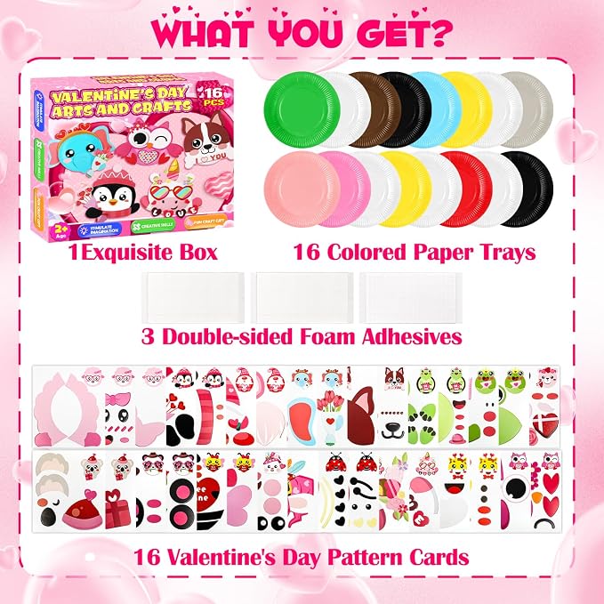 16 Pack Valentines Day Crafts for Kids, Toddler Crafts Paper Plate Art Kit Gift for 3 4 5 6 Year Old Boys Girls DIY Kids for Birthday Party Favor Preschool Classroom Party Games ﻿