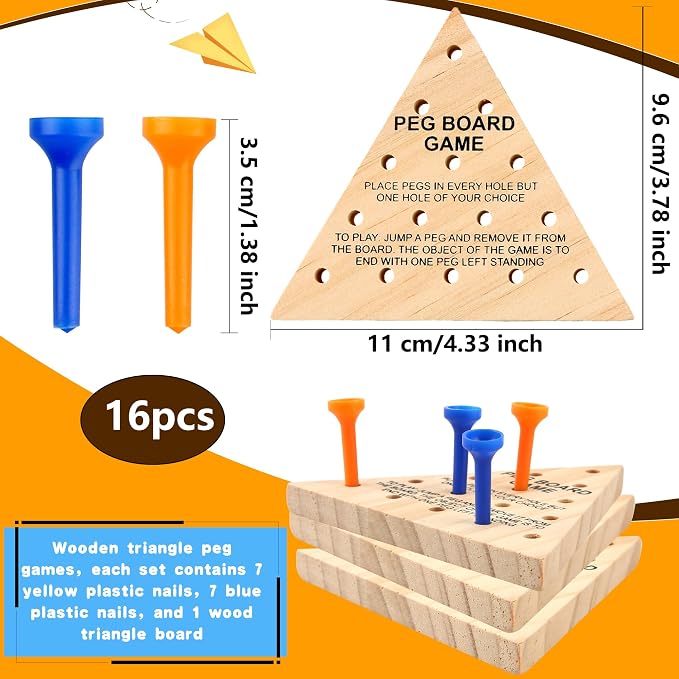 16 Packs Wooden Peg Game Tricky Triangle Peg Board Game Family Wood Puzzles Strategy Toy for Kids Adult Family Travel Gathering Jump Games