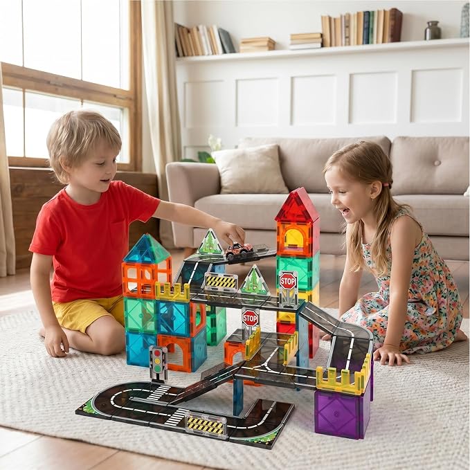 Magnetic Tiles Road Set, 89 PCS Magnetic Building Blocks with Roads | Bridges & Ramps, STEM City Building Toys for Kids Ages 3-8, Educational Construction Magnet Toys, Gifts for Boys Girls