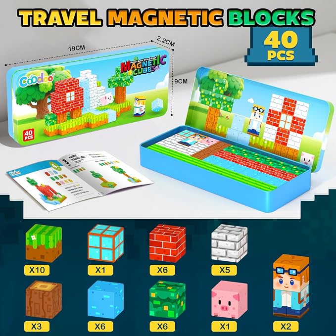 Magnetic Blocks Kids Travel Toys with Portable Metal Tin Montessori Toys | Building Blocks STEM Magnet Magnetic Tiles Toddler Kids Toys for 3+ Year Old Boys & Girls, Classroom Must Haves Creative Gift