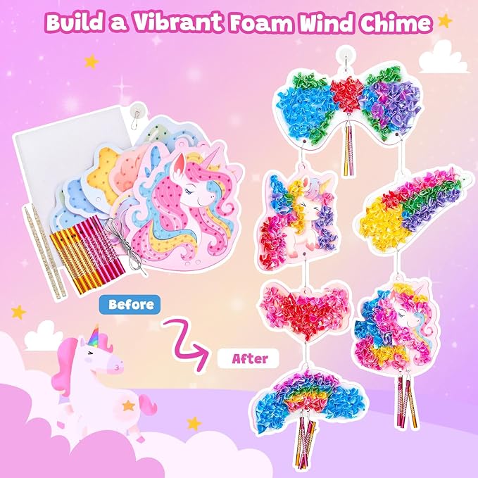 JoyCat Poke Art Wind Chime Craft Kit for Kids, 6 Magical Figures | Poke colorful fabric into 6 magical figures, then add chime pieces to create hanging room decor with gentle sound.