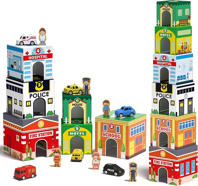 Coogam Montessori Sorting & Stacking Blocks with Nesting Garages Cars | Stackable Number Boxes for Toddlers Learning Community Helpers, Preschool Educational Toy Gift for 2 3 4 Year Old Baby