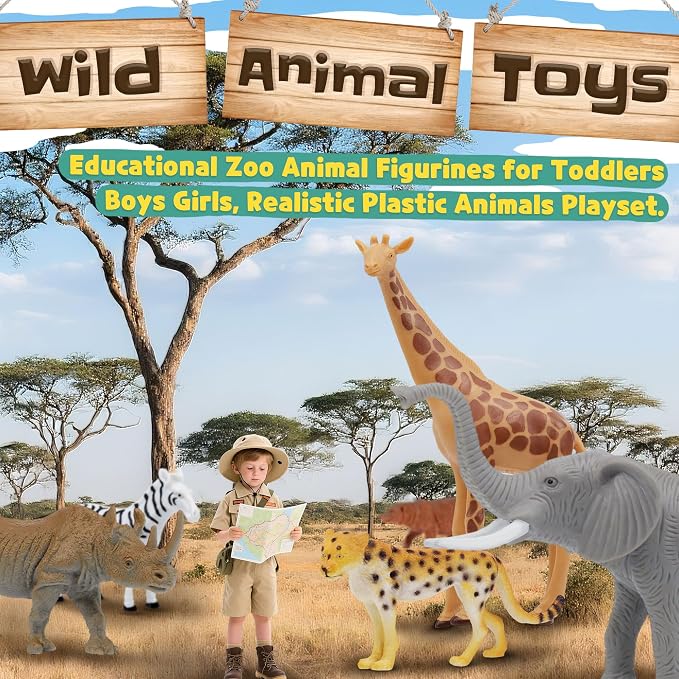 Safari Animal Figurines Set for Kids, 10 Piece Realistic Wild Zoo Animals Collection with Elephant, Lion, Tiger, Giraffe, Educational Toys for Toddlers Boys Girls