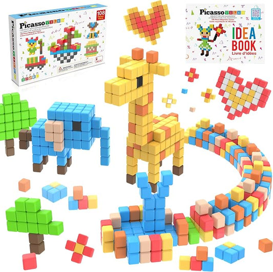 PicassoTiles 108 Piece Magnetic Cubes, 1 Inch STEM Building Set for Kids 3+ | 50+ design idea book included, hidden connector construction, BPA-free non-toxic materials, preschool ready, screen-free play