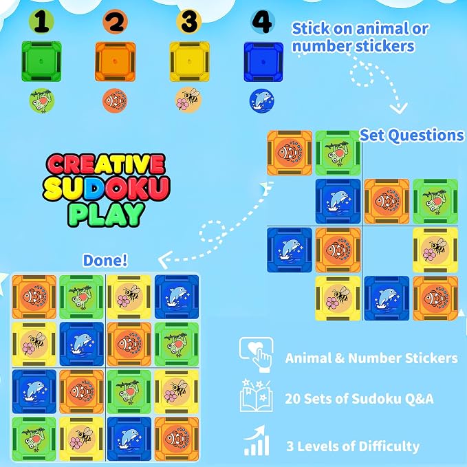 Mini Magnetic Tiles Travel Set with Case 42pcs, Mini Magnetic Blocks | Bonus Sudoku Play, Number & Animal Stickers, Portable Travel Toys for Kid, STEM Educational Sensory Toys, Classroom Must Have