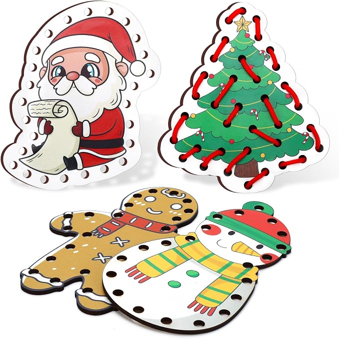 Christmas Lacing Card Motor Wooden Lacing Cards Fine Motor Skills | Christmas themed lacing cards designed to improve fine motor skills, focus, and hand-eye coordination.