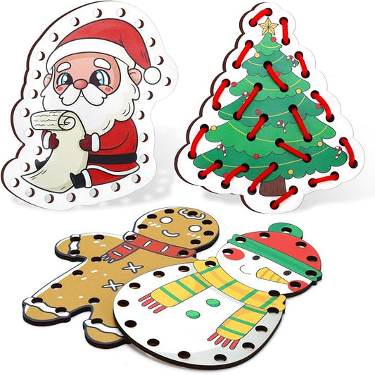 Christmas Lacing Card Motor Wooden Lacing Cards Fine Motor Skills | Christmas themed lacing cards designed to improve fine motor skills, focus, and hand-eye coordination.