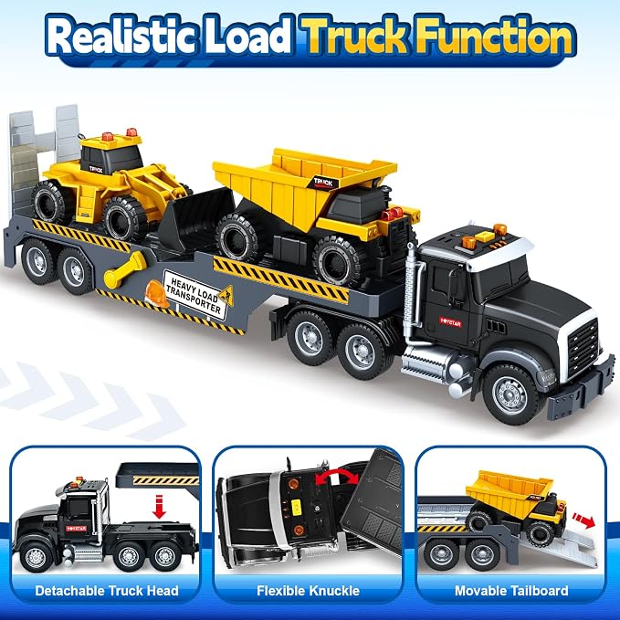 Bstoyder Toddler Boy Toys for 3 4 5 6 7 Years Kids, 21" Semi Construction Carrier Truck Toy with Excavator and Dump Truck, Friction Powered Toys with Lights and Sounds, Birthday for Boy Girls