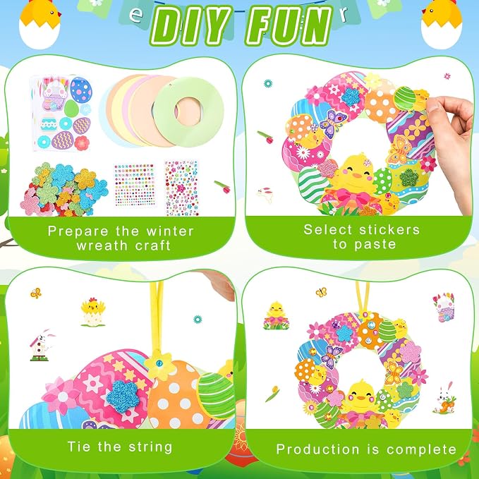 Hollowfly 48 Sets Easter Wreath Craft Kits, 8 Paper Designs with Stickers | Chick, Egg and Floral Themes, 5.9 in Hanging Ornaments, Sticker Crafts for Home Activities and Easter Parties
