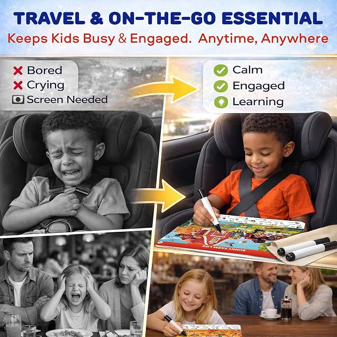 Busy Book for Toddlers 3-5 - Reusable Dry Erase Workbooks for Kids 4-6 | Wildlife Search and Find Activity Book with Markers - Workbook for Travel and Quiet Time Learning
