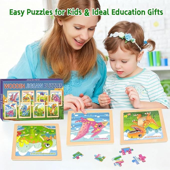 Wooden Dinosaur Puzzles for Toddlers, 8 Pack 9 PCS Jigsaw Puzzles for Kids | Wooden Puzzles for Toddlers 3-5, Dinosaur Toys for Kids 3-5, Preschool Puzzles Learning Educational Sets Toys