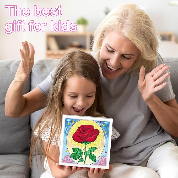 Reofrey Diamond Art Kits for Kids with Frame, 5D DIY Flower Roses Diamond Painting Kits, Arts Crafts Gift for Girls & Boys Ages 4,5,6,7,8,9,10,11,12, Creative Educational Toy for Beginners (7x7 Inch)