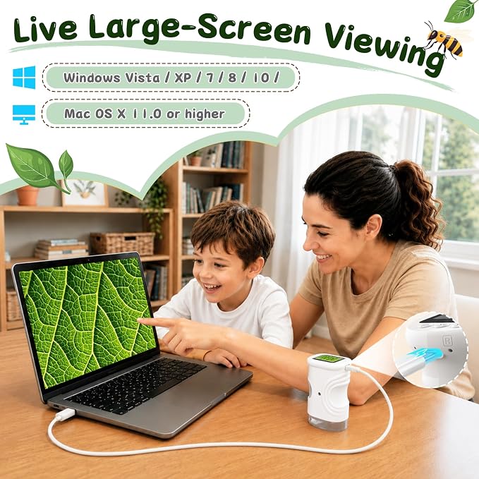 SEEKID Microscope for Kids 200-1000X, STEM Toy Science Kit for Kid(White) | Handheld Digital Microscope, 2" IPS Screen, 4K HD Camera 200+ Photo Storage for Girls Boys Child Birthday Gifts