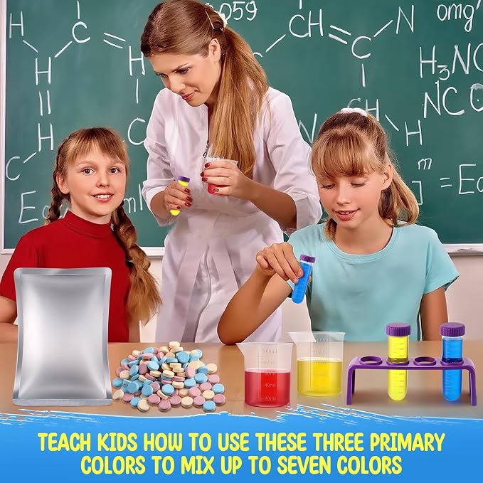 Color Science Kit, 120 Fizzing Tablets, Test Tubes and Beakers | Red, Yellow and Blue Tablets, Mix 3 Primary Colors, 4 Test Tubes, 3 Beakers, 3 Droppers, Stirring Stick