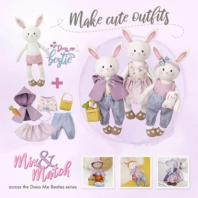 Doll Sewing Panel for Intermediate Skills - with Video Instructions - Cut & Sew Fabric Panel Doll with Clothes: Dress Me Bestie Bibby Bunny