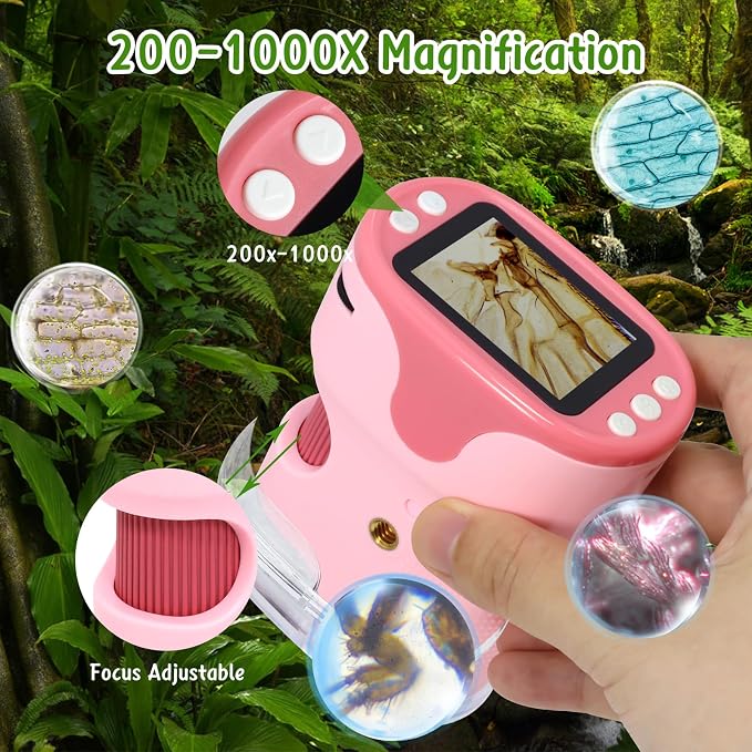 Handheld Digital Microscope for Kids with 2'' HD Screen, 200~1000X Pocket Microscope, Starter Kit with 6 Random Specimen Slides and 32G SD Card Included, Educational Gift for Children Age 6+ (Pink)