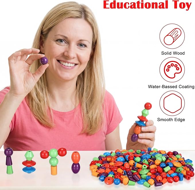 Shappy 324 Pcs Wooden Lacing Beads for Wooden String Beads Threading Toys Montessori Lacing Toys Fine Motor Skills Developmental Educational Plaything Sensory Occupational Activities Autism OT