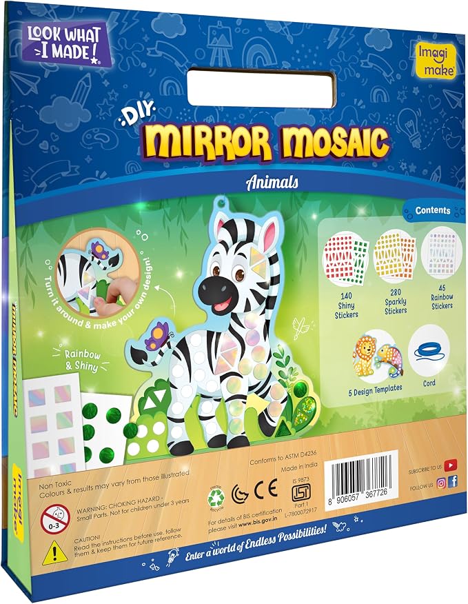Imagimake Mirror Mosaic - Animals, 5 Templates, 450+ Stickers | Mess-Free Craft Activity, Screen-Free Creative Art Kit for Kids, Birthday Gift for Boys & Girls Ages 3,4,5,6,7 Years Old