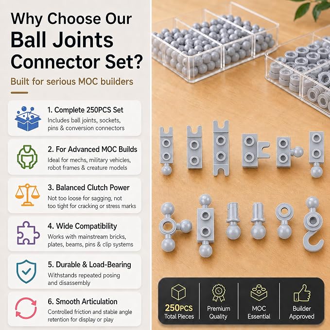Plate 1x2 Ball Joints Socket - 250pcs Connector Classic Briks Bulk Parts and Pieces Sets, Towball Pins Building Blcok Accessories Light Gray
