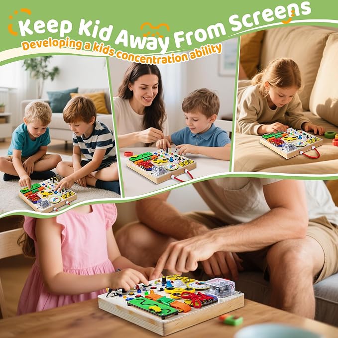 Busy Board Montessori Toys for 1 2 3 Years Old Toddler,Wooden Sensory Educational Fidget Board Toy with Led Light Up Switches & Music Boxes,Travel Toys for 1+ Year Old Boy & Girl Birthday Gift